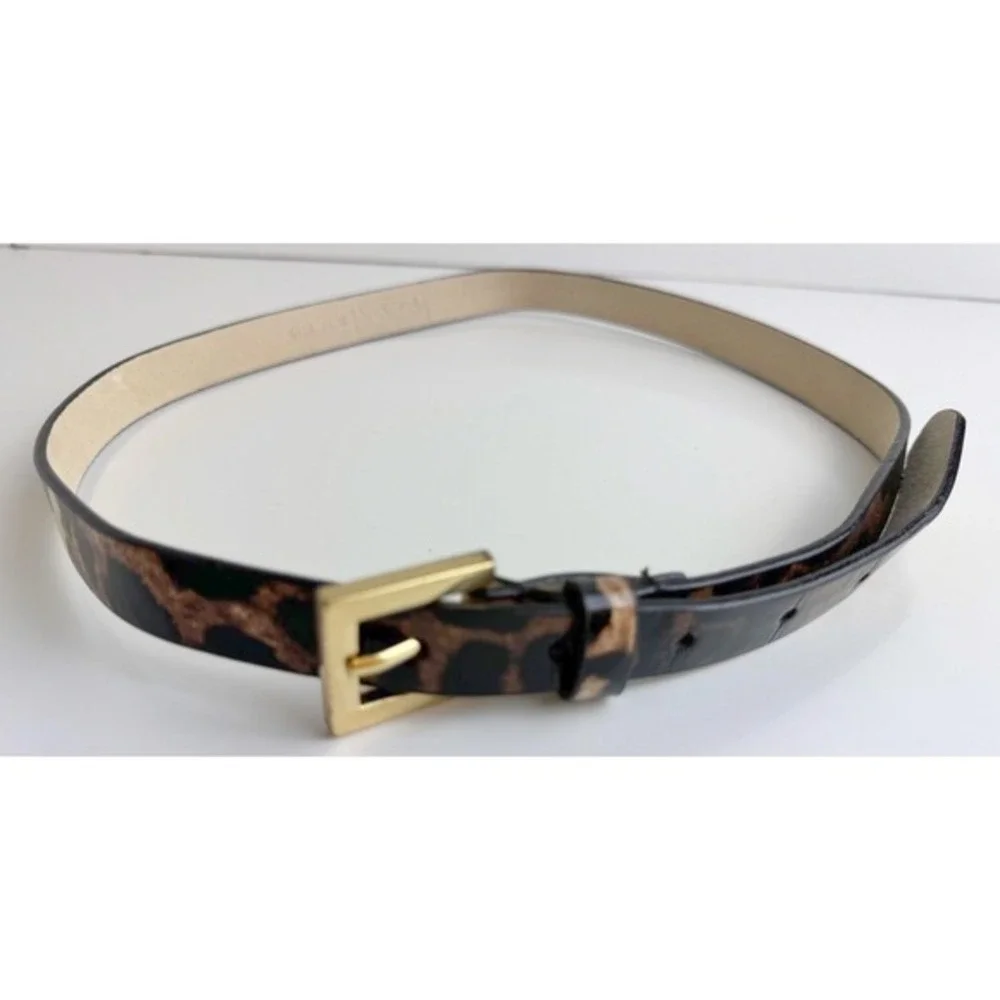 WCM Leopard Print Patent Leather Lined Belt Gold Buckle Brown Black M Chic 47-69